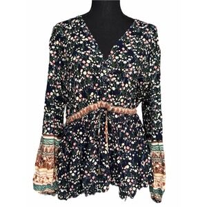 Janse Handshaped in the Shed Floral Boho Blouse Navy Blue XL Drawstring Waist